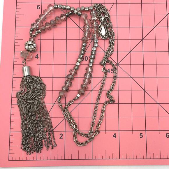 Signed NY Faceted Crystal Bead Silver Tone Chain Tassel Pendant Tassel Necklace - Picture 6 of 6